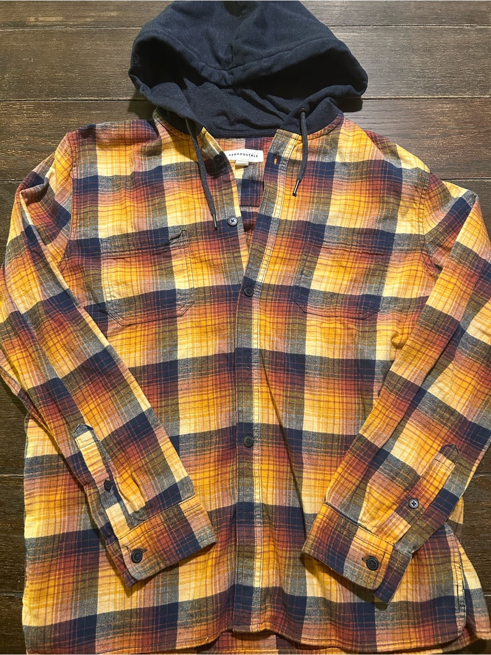 American Eagle Outfitters Yellow Navy Plaid Hooded Flannel Shirt